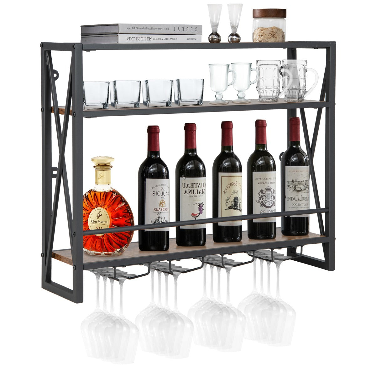 LIVSK Wandgemonteerd Wijnrek met Glashouder - 3 Legplanken - Robuust Metalen Frame - Ruimtebesparend - Industriële Stijl -