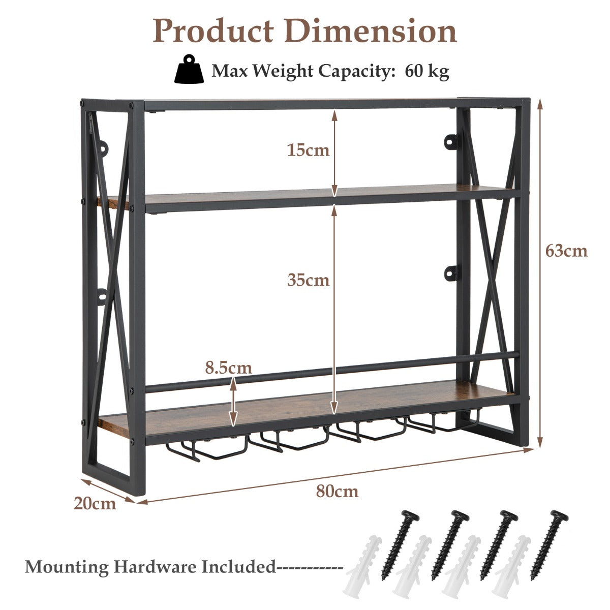LIVSK Wandgemonteerd Wijnrek met Glashouder - 3 Legplanken - Robuust Metalen Frame - Ruimtebesparend - Industriële Stijl -