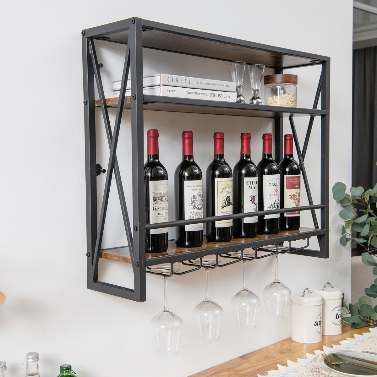 LIVSK Wandgemonteerd Wijnrek met Glashouder - 3 Legplanken - Robuust Metalen Frame - Ruimtebesparend - Industriële Stijl -