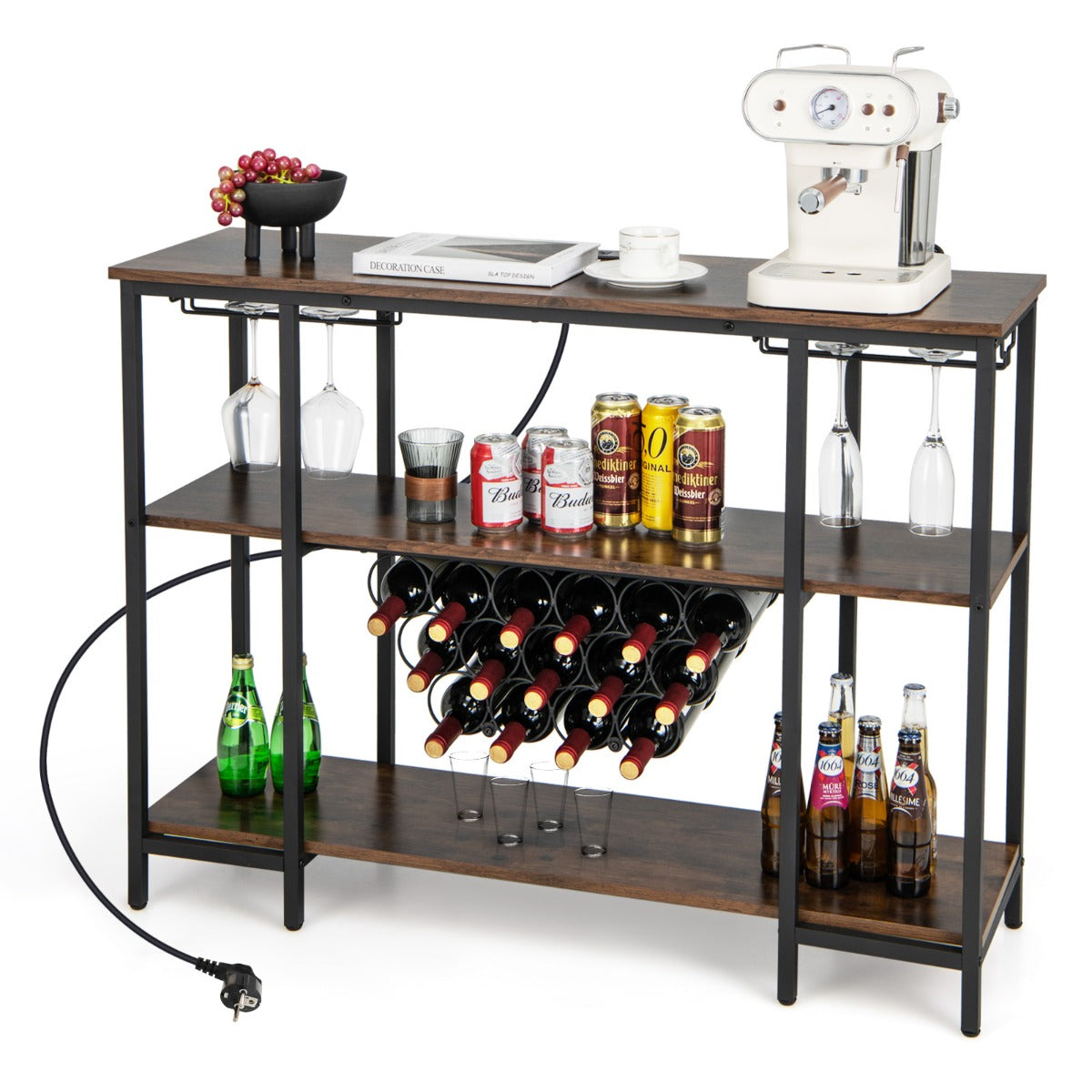 LIVSK Wijnrek met Geïntegreerd Laadstation - 3 Planken - 2 Glashouders - 15 Flessen - Industrieel Design - Bruin + Zwart