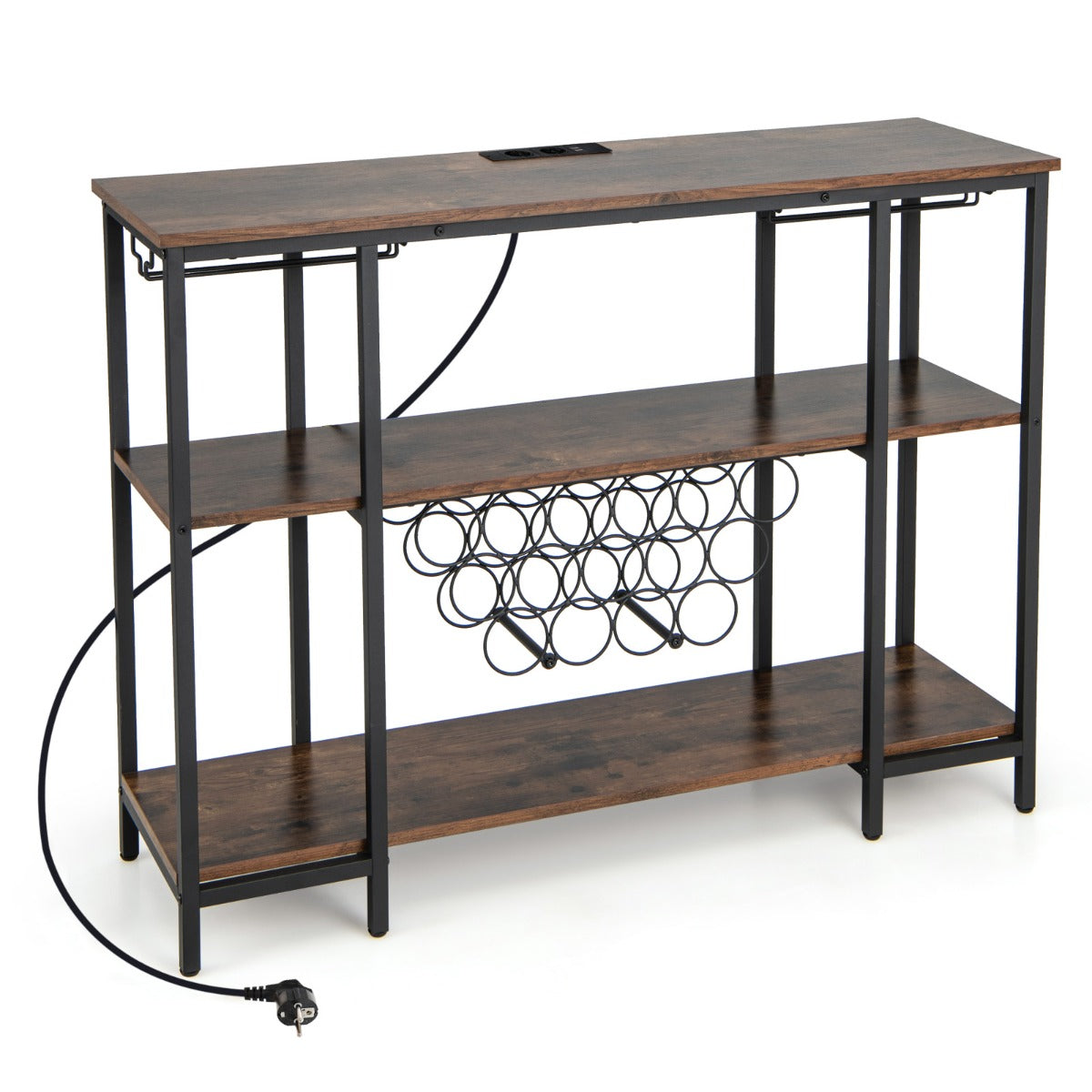 LIVSK Wijnrek met Geïntegreerd Laadstation - 3 Planken - 2 Glashouders - 15 Flessen - Industrieel Design - Bruin + Zwart