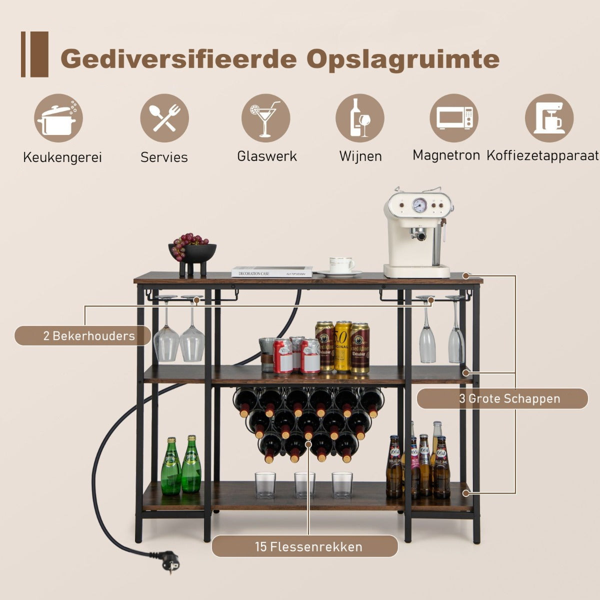 LIVSK Wijnrek met Geïntegreerd Laadstation - 3 Planken - 2 Glashouders - 15 Flessen - Industrieel Design - Bruin + Zwart