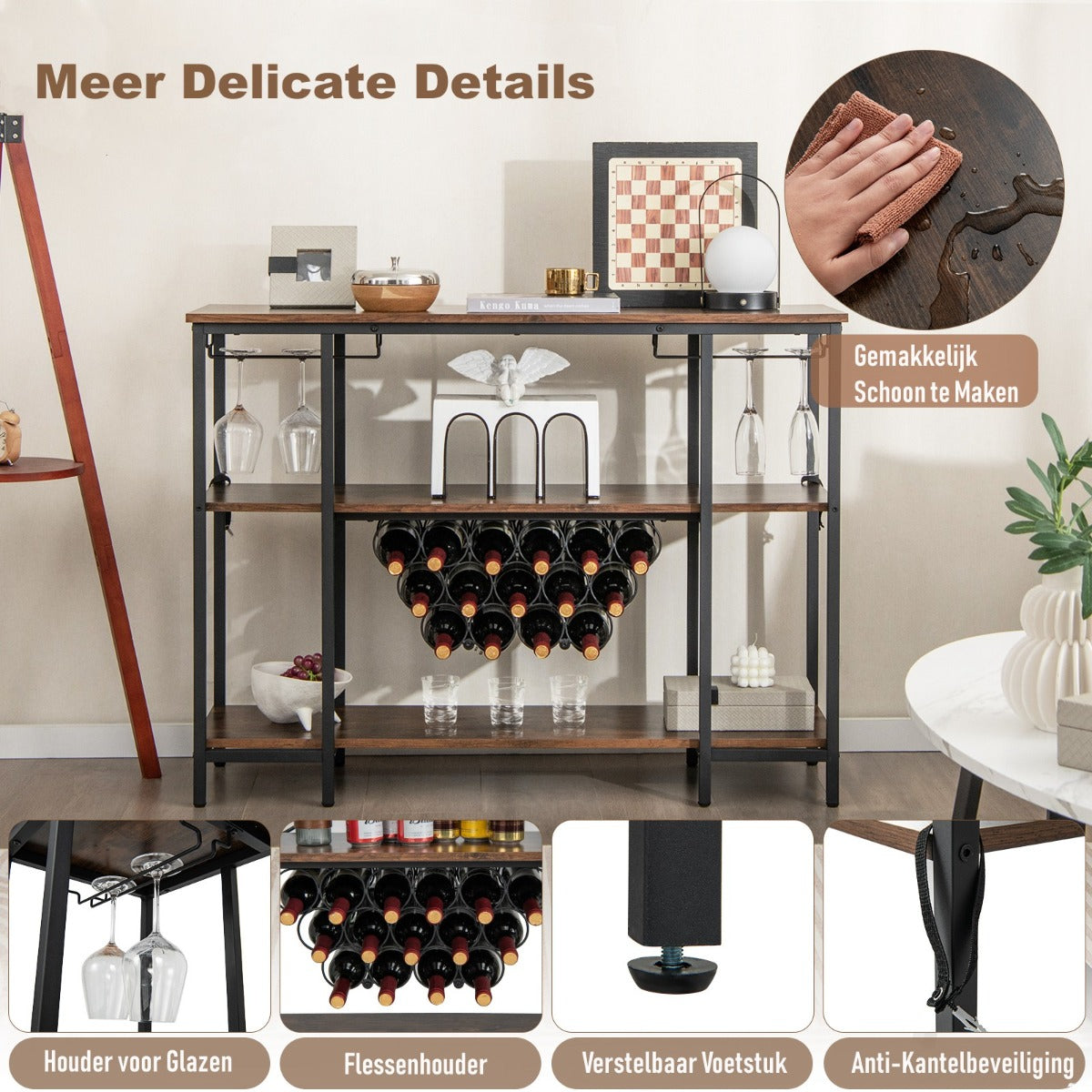 LIVSK Wijnrek met Geïntegreerd Laadstation - 3 Planken - 2 Glashouders - 15 Flessen - Industrieel Design - Bruin + Zwart