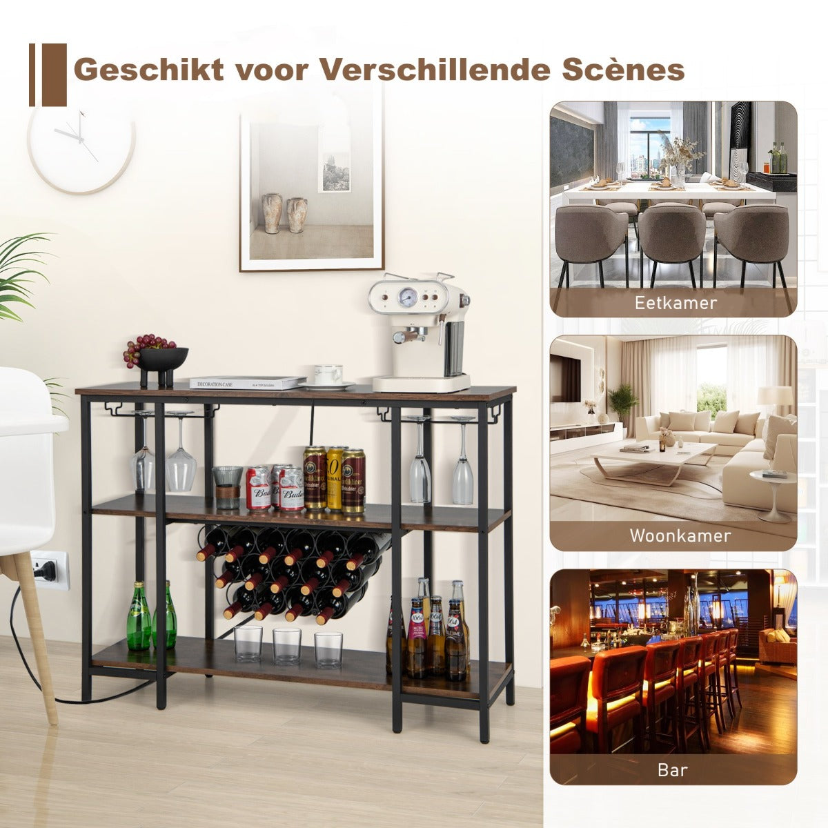 LIVSK Wijnrek met Geïntegreerd Laadstation - 3 Planken - 2 Glashouders - 15 Flessen - Industrieel Design - Bruin + Zwart