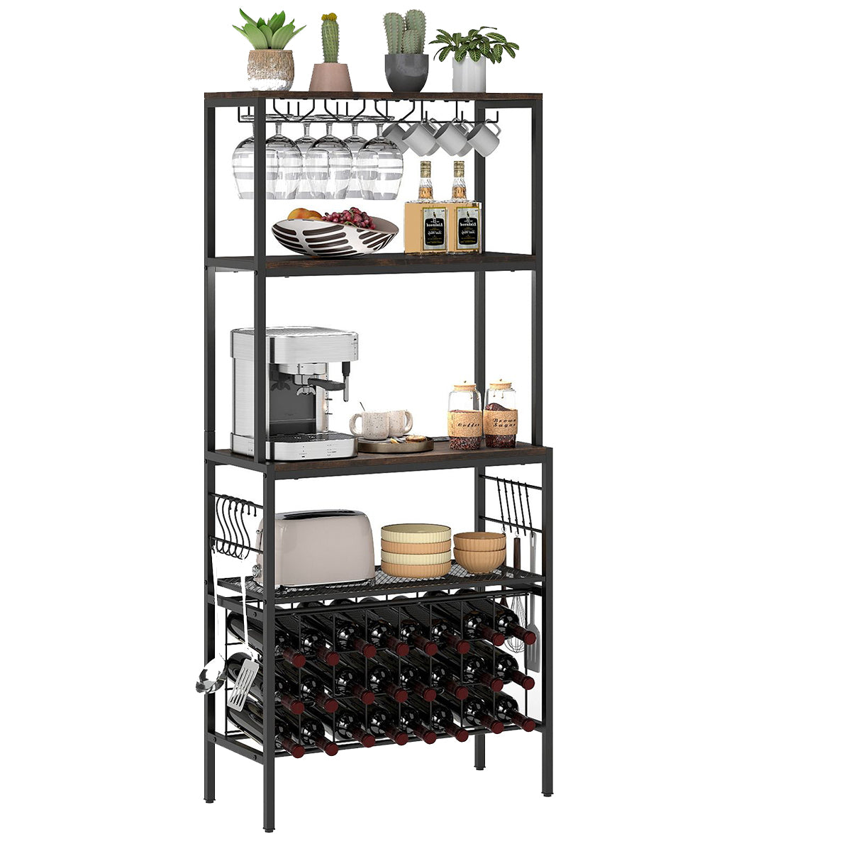 LIVSK Multifunctioneel Wijnrek met Stopcontact - 24 Flessen - 9 Wijnglazen - 9 Kopjes - Versterkt Metaal - Industrieel Design -