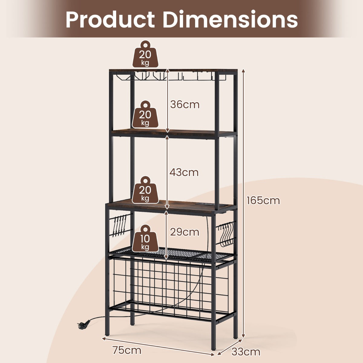 LIVSK Multifunctioneel Wijnrek met Stopcontact - 24 Flessen - 9 Wijnglazen - 9 Kopjes - Versterkt Metaal - Industrieel Design -