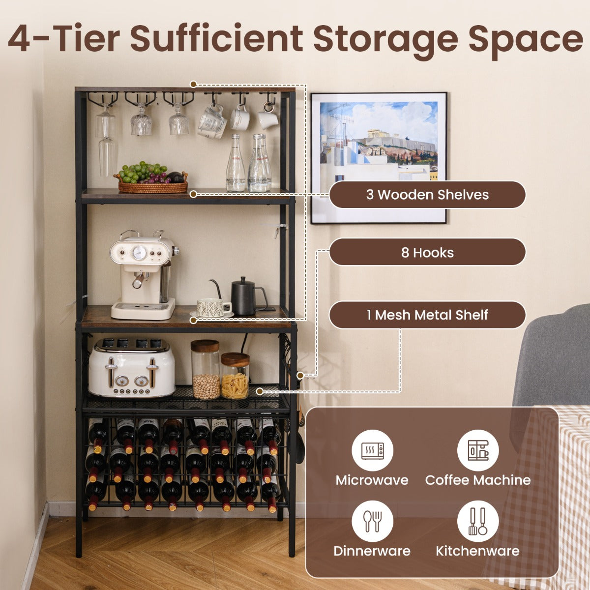 LIVSK Multifunctioneel Wijnrek met Stopcontact - 24 Flessen - 9 Wijnglazen - 9 Kopjes - Versterkt Metaal - Industrieel Design -