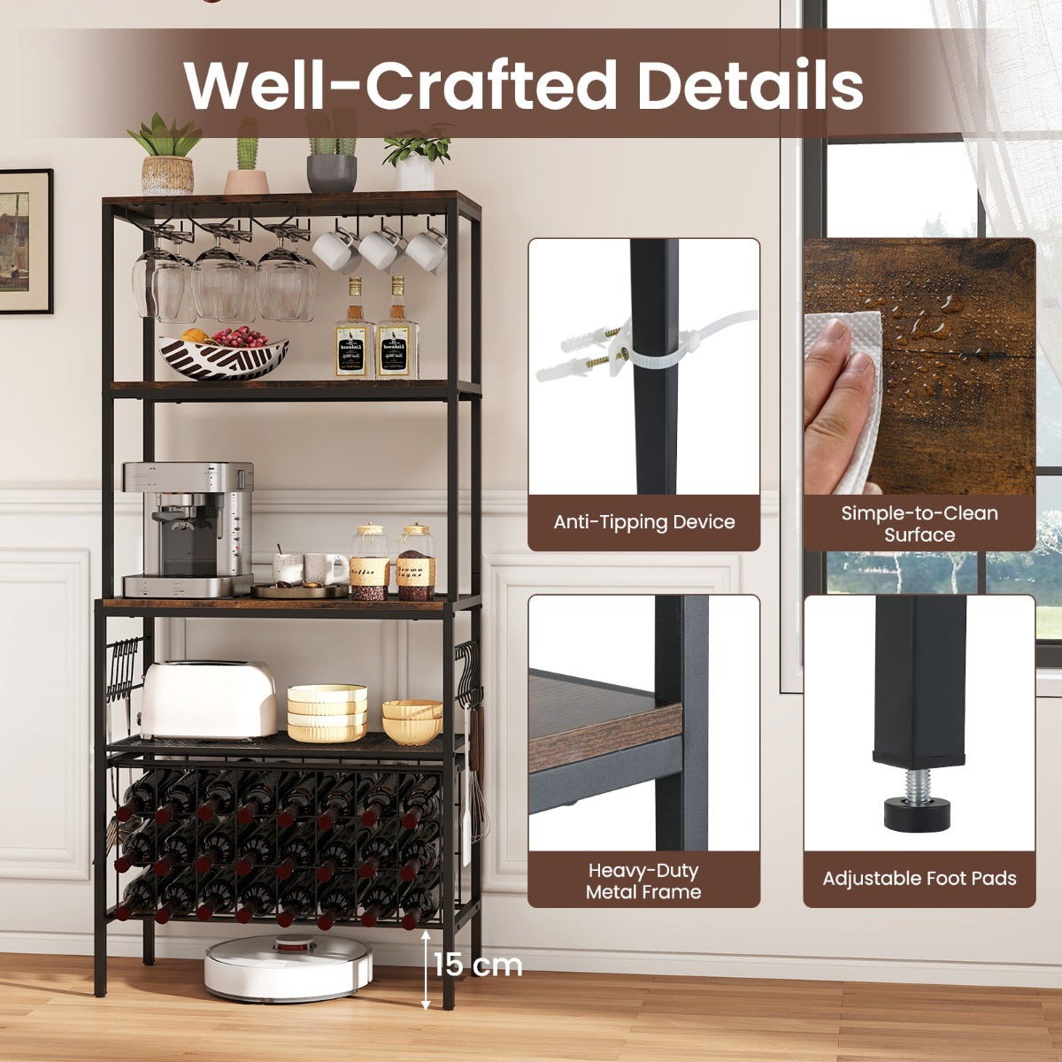 LIVSK Multifunctioneel Wijnrek met Stopcontact - 24 Flessen - 9 Wijnglazen - 9 Kopjes - Versterkt Metaal - Industrieel Design -