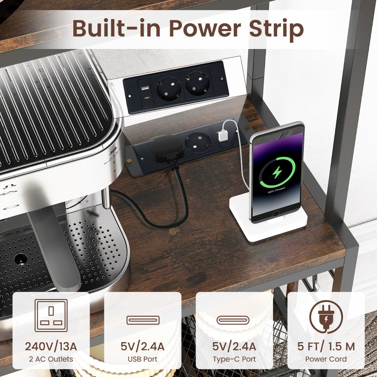 LIVSK Multifunctioneel Wijnrek met Stopcontact - 24 Flessen - 9 Wijnglazen - 9 Kopjes - Versterkt Metaal - Industrieel Design -