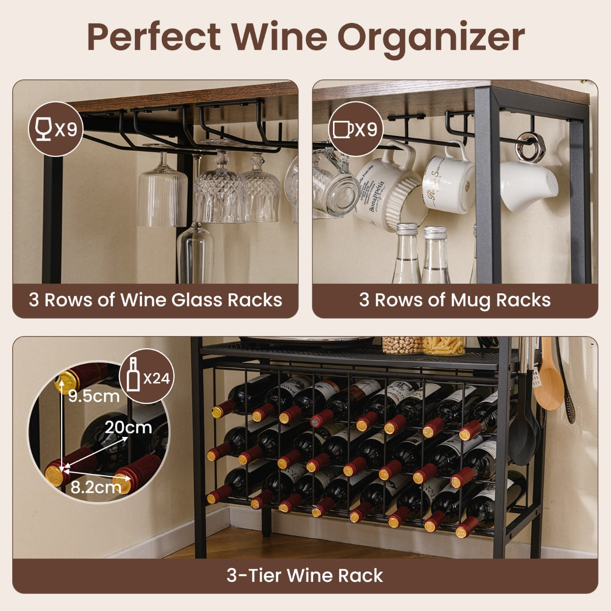 LIVSK Multifunctioneel Wijnrek met Stopcontact - 24 Flessen - 9 Wijnglazen - 9 Kopjes - Versterkt Metaal - Industrieel Design -