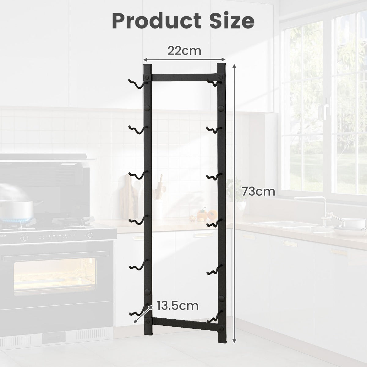 LIVSK Wandwijnrek - Ruimtebesparend voor 6 Flessen - Eenvoudig te Monteren - Stabiel Metaal - 22 x 13,5 x 73 cm - Zwart
