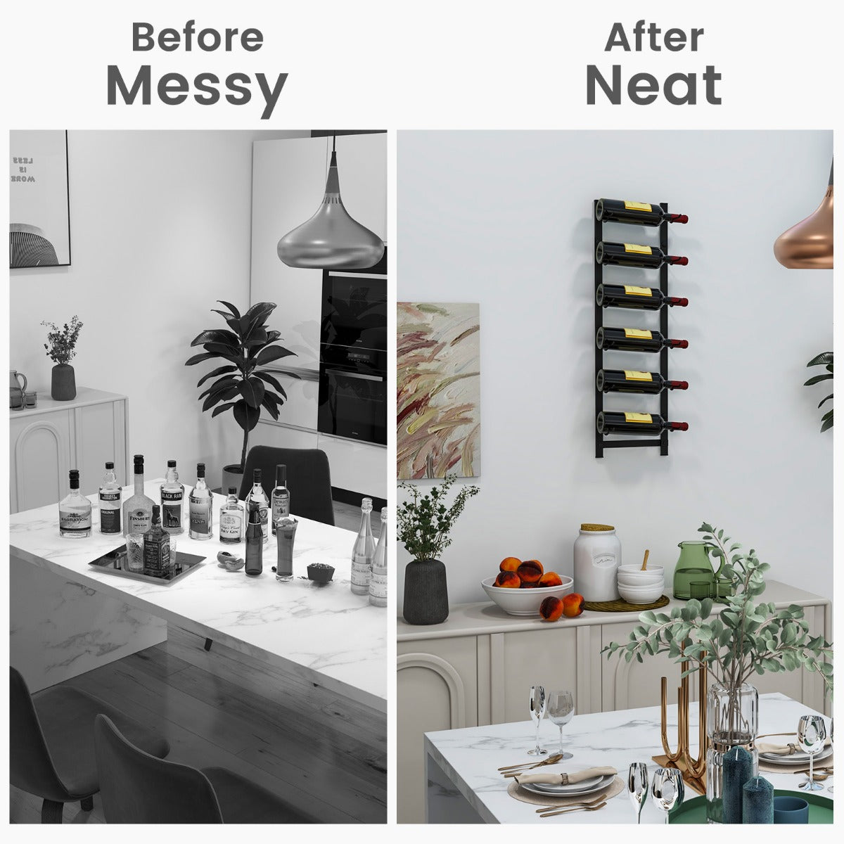 LIVSK Wandwijnrek - Ruimtebesparend voor 6 Flessen - Eenvoudig te Monteren - Stabiel Metaal - 22 x 13,5 x 73 cm - Zwart