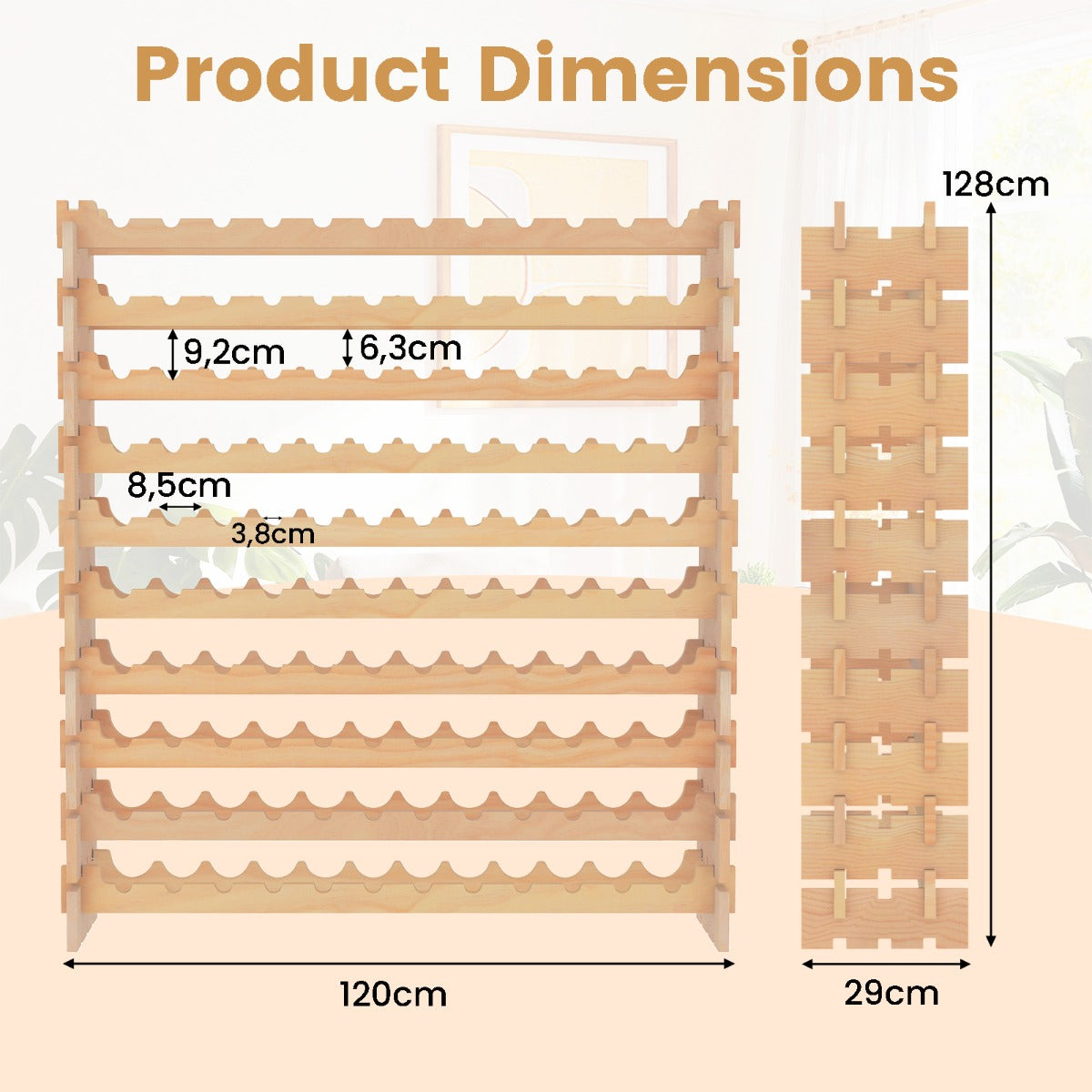 Livsk costway wijnrek van hout stapelbaar flessenrek voor 120 flessen wijnrek met 10 niveaus 120 x 29 x 128 cm 2