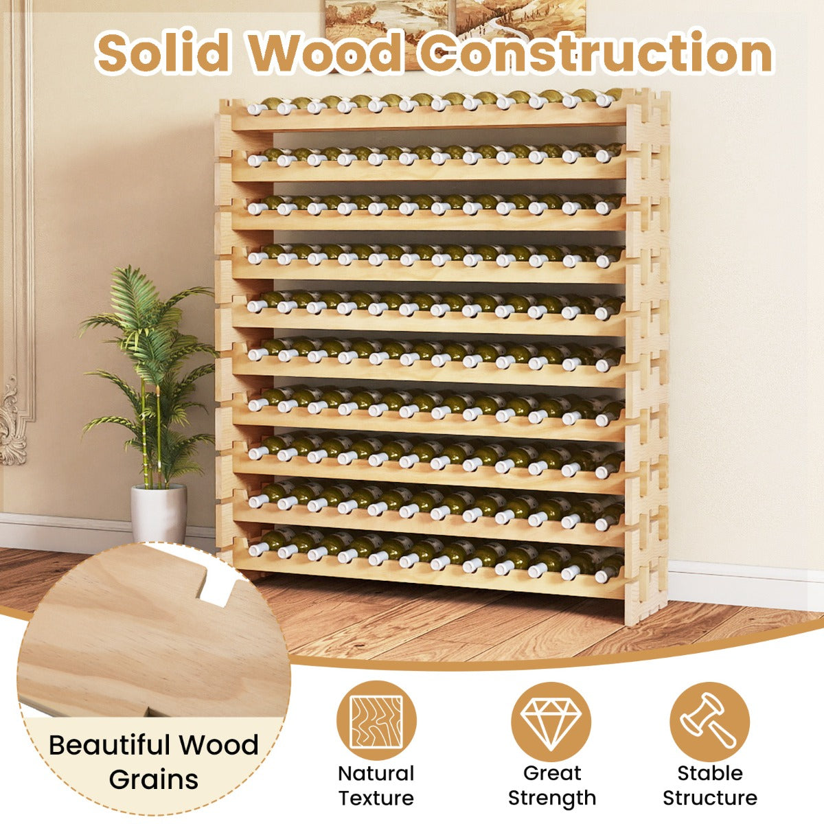Livsk costway wijnrek van hout stapelbaar flessenrek voor 120 flessen wijnrek met 10 niveaus 120 x 29 x 128 cm 3