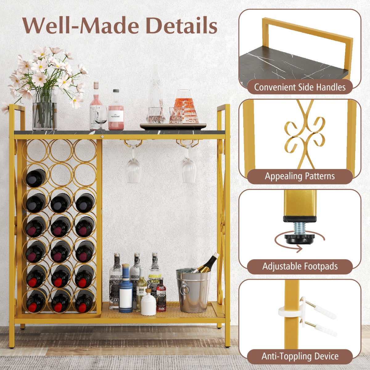 LIVSK Wijnstandaard - 21 Flessen en 6 Glazen - Houten Werkblad 93 x 38 cm - Metalen Frame - Verstelbare Voetjes - Goud