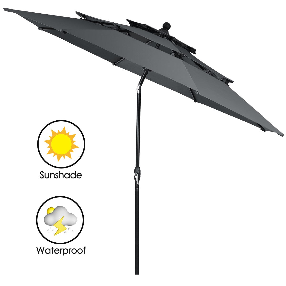 LIVSK Buitenparasol 300 cm - Drietraps met Zwengelbediening - Dubbele Ventilatie - Aluminium - Waterafstotend - Grijs