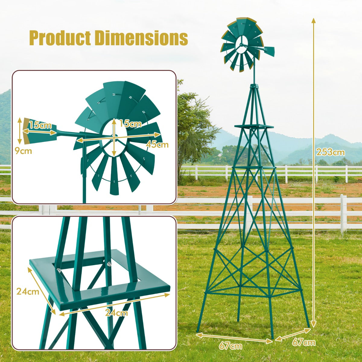 LIVSK Decoratieve Sierwindmolen - 253 cm Hoog - Weerbestendig Metaal - Windrichtingweergave - Stabiele Installatie - Groen