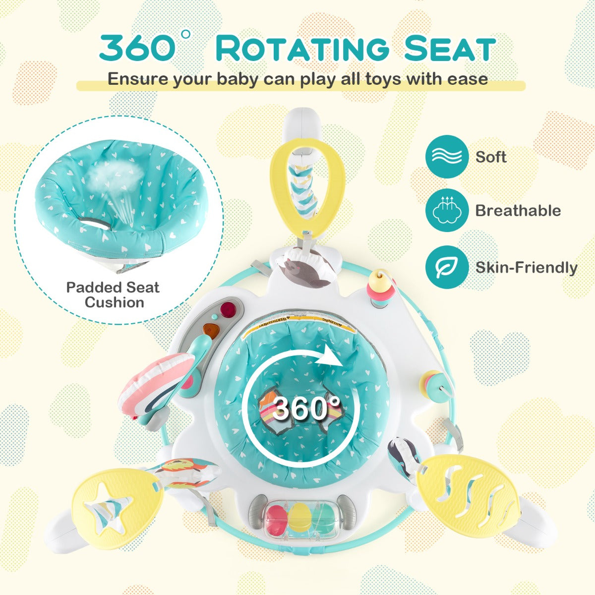 LIVSK Verstelbare Babywipstoel - 360° Draaibaar - Interactief Speelgoed - 3 Hoogtes - Veilig en Comfortabel - Blauw en wit
