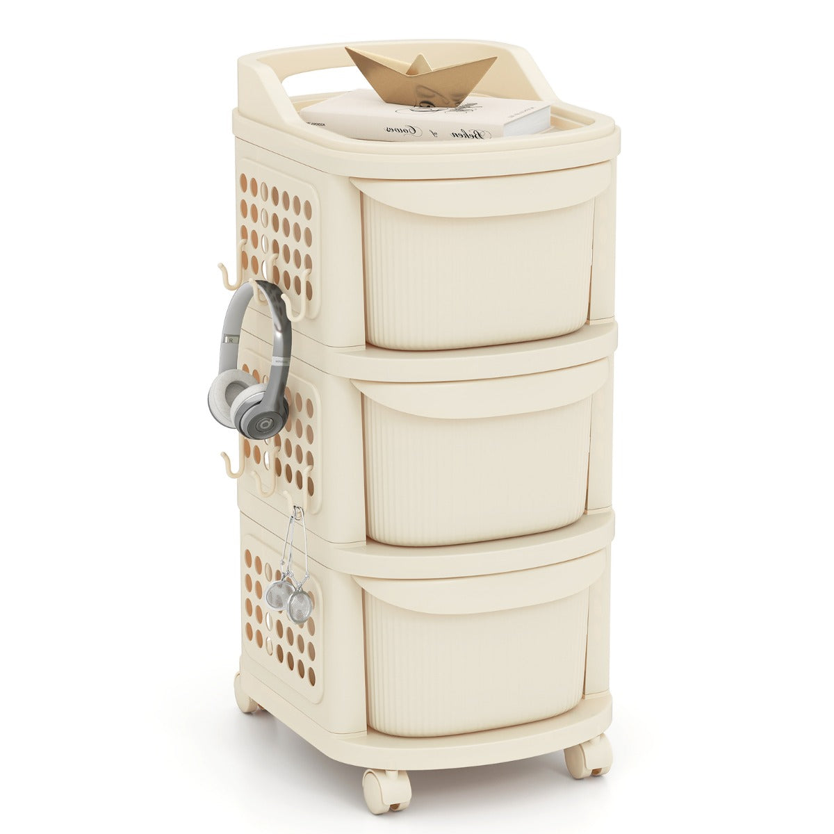 Livsk costway witte opbergbox op wielen met 3 lades