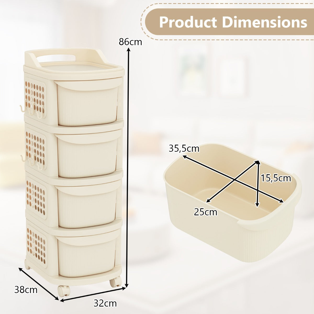 Livsk costway witte opbergbox op wielen met 4 lades 1 1