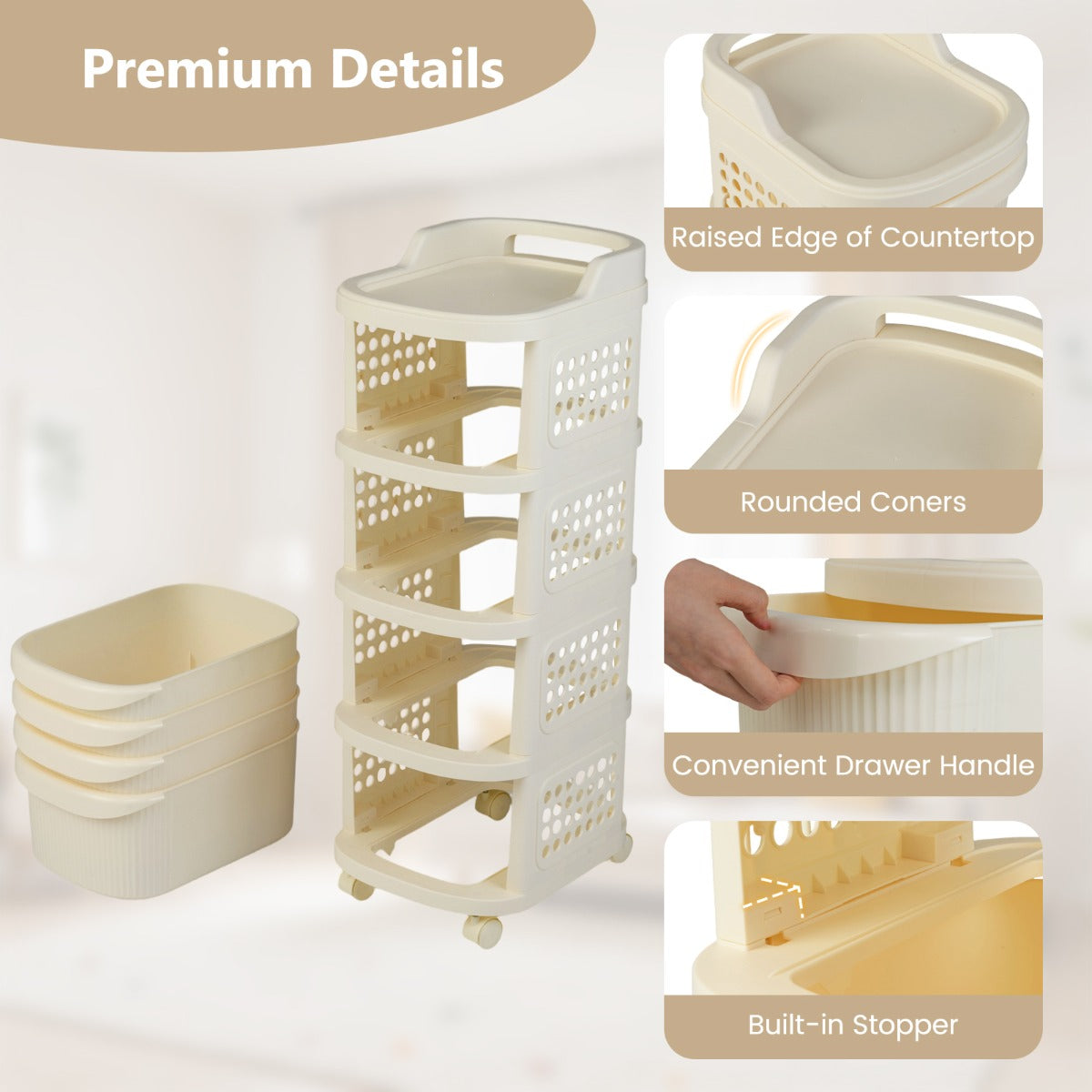 Livsk costway witte opbergbox op wielen met 4 lades 3