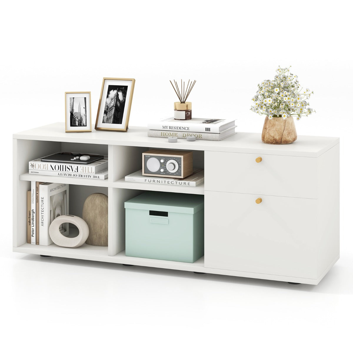 LIVSK Opbergkast - Ruim Kastblad 108 x 39 cm - 2 Laden - 4 Compartimenten - Verstelbare Poten - Wit
