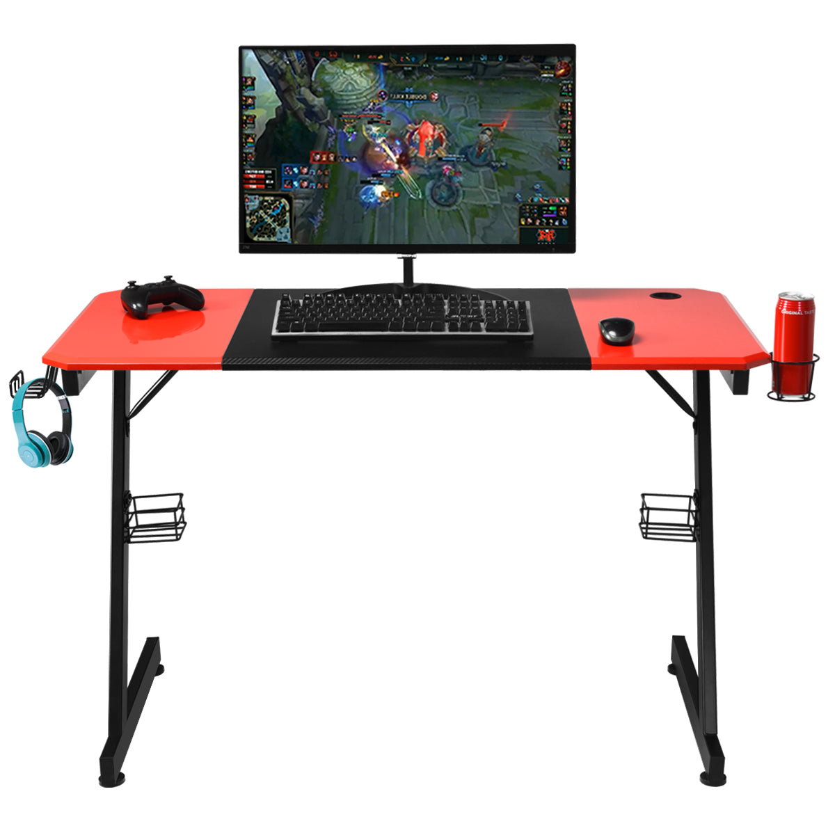 LIVSK Gamingtafel - Stabiel Z-vormig Metalen Frame - Bekerhouder - Headsethaak - Luidsprekerstandaards - 120 x 60 x 76 cm - Rood