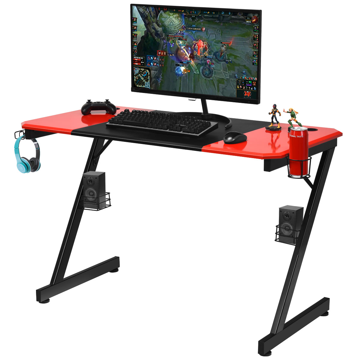 LIVSK Gamingtafel - Stabiel Z-vormig Metalen Frame - Bekerhouder - Headsethaak - Luidsprekerstandaards - 120 x 60 x 76 cm - Rood
