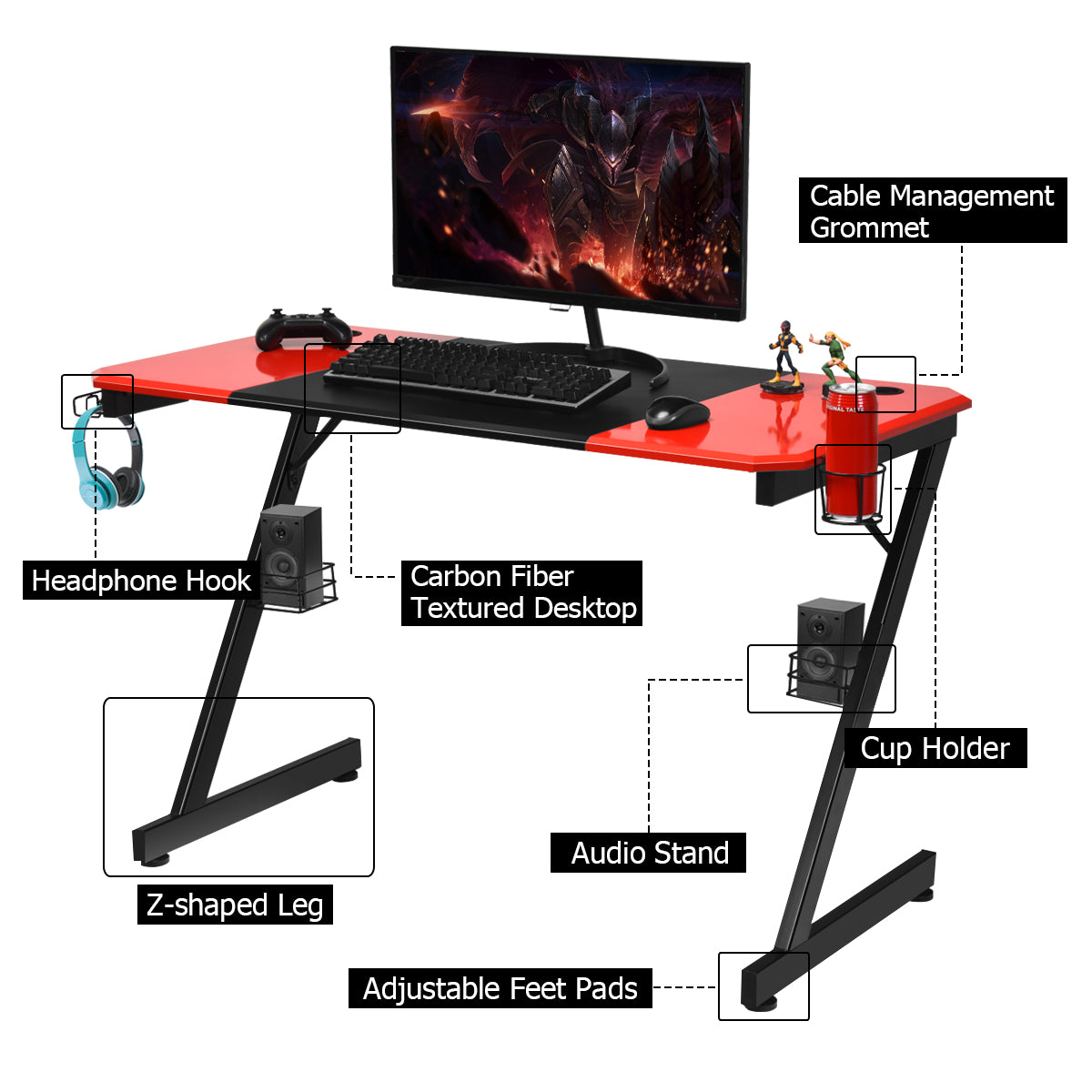 LIVSK Gamingtafel - Stabiel Z-vormig Metalen Frame - Bekerhouder - Headsethaak - Luidsprekerstandaards - 120 x 60 x 76 cm - Rood