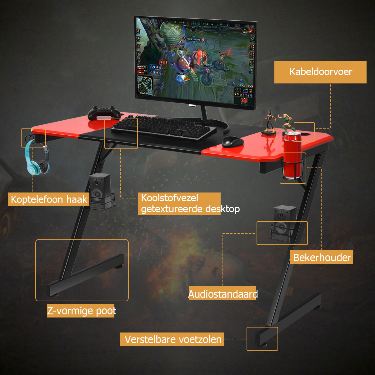 LIVSK Gamingtafel - Stabiel Z-vormig Metalen Frame - Bekerhouder - Headsethaak - Luidsprekerstandaards - 120 x 60 x 76 cm - Rood