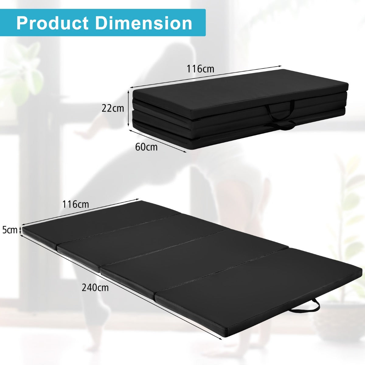 LIVSK Yogamat - Inklapbaar met Handgrepen - EPE-schuim - Antislip PU-leer - Verbindbaar - 240 x 120 x 5 cm - Zwart
