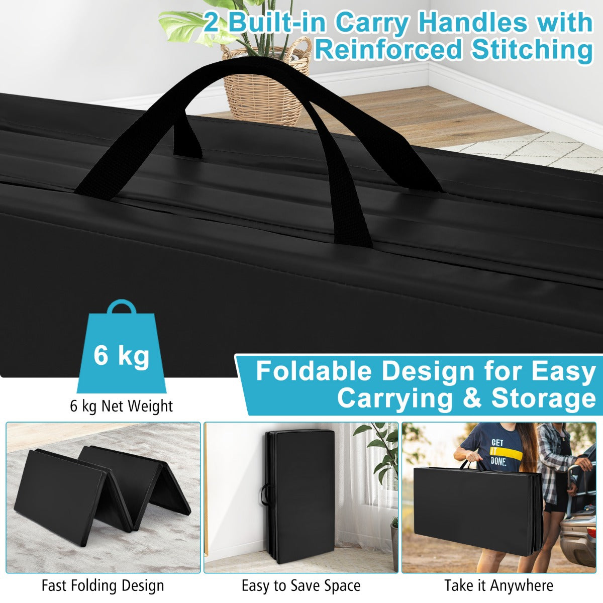 LIVSK Yogamat - Inklapbaar met Handgrepen - EPE-schuim - Antislip PU-leer - Verbindbaar - 240 x 120 x 5 cm - Zwart