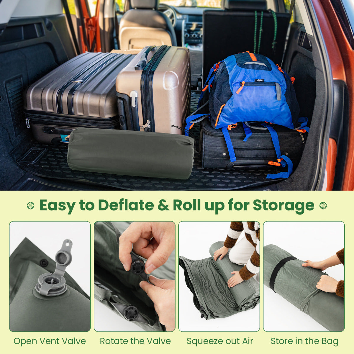 LIVSK Zelfopblazende Kampeermat - Waterdicht - Ergonomisch Kussen - Voor 2 Personen - Compact en Draagbaar - Grasgroen
