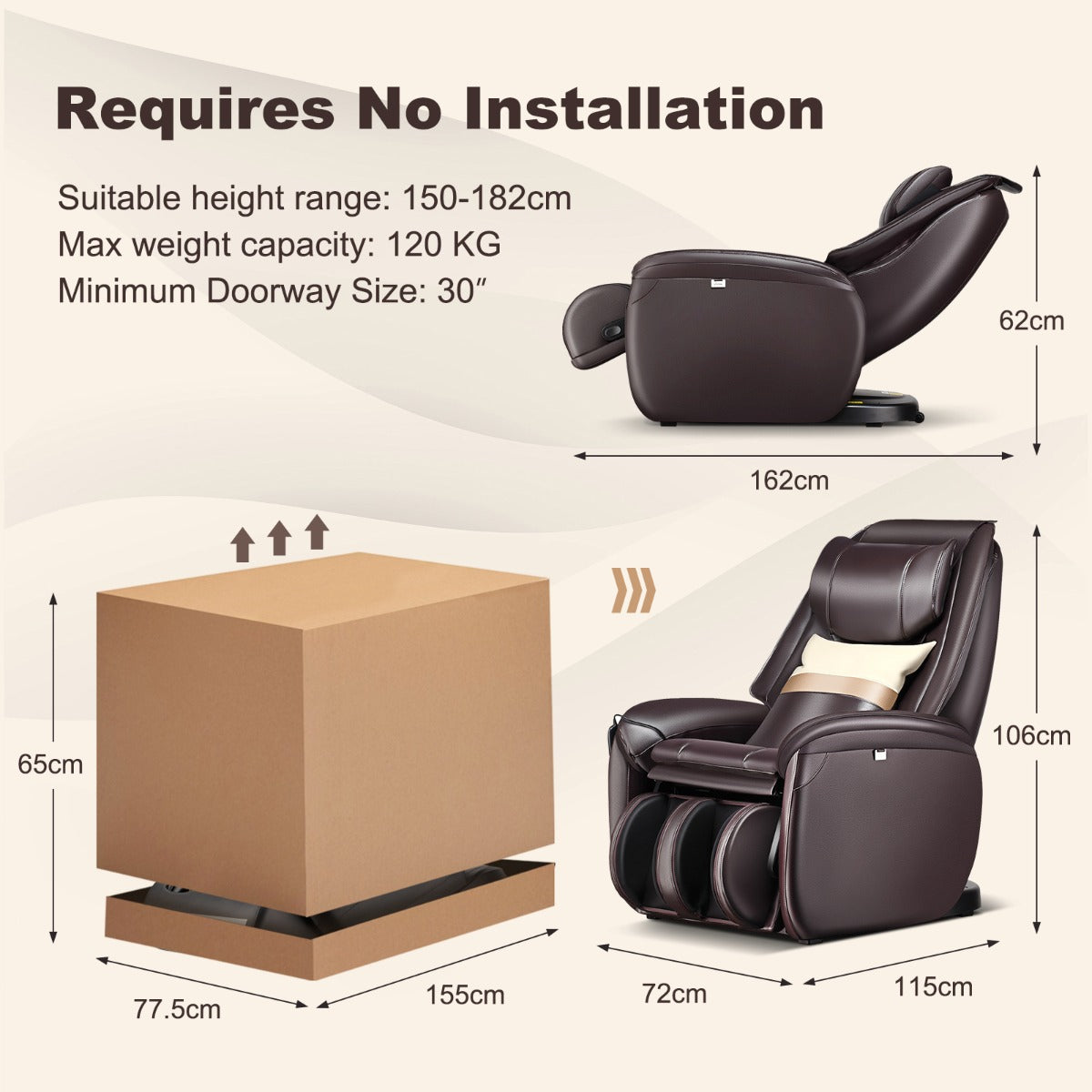 LIVSK Massagestoel - 8 Automatische Modi - Lichaamsdetectie - Rugverwarming - Voetensteun met Airbags - 115 x 75 x 106 cm - Bruin