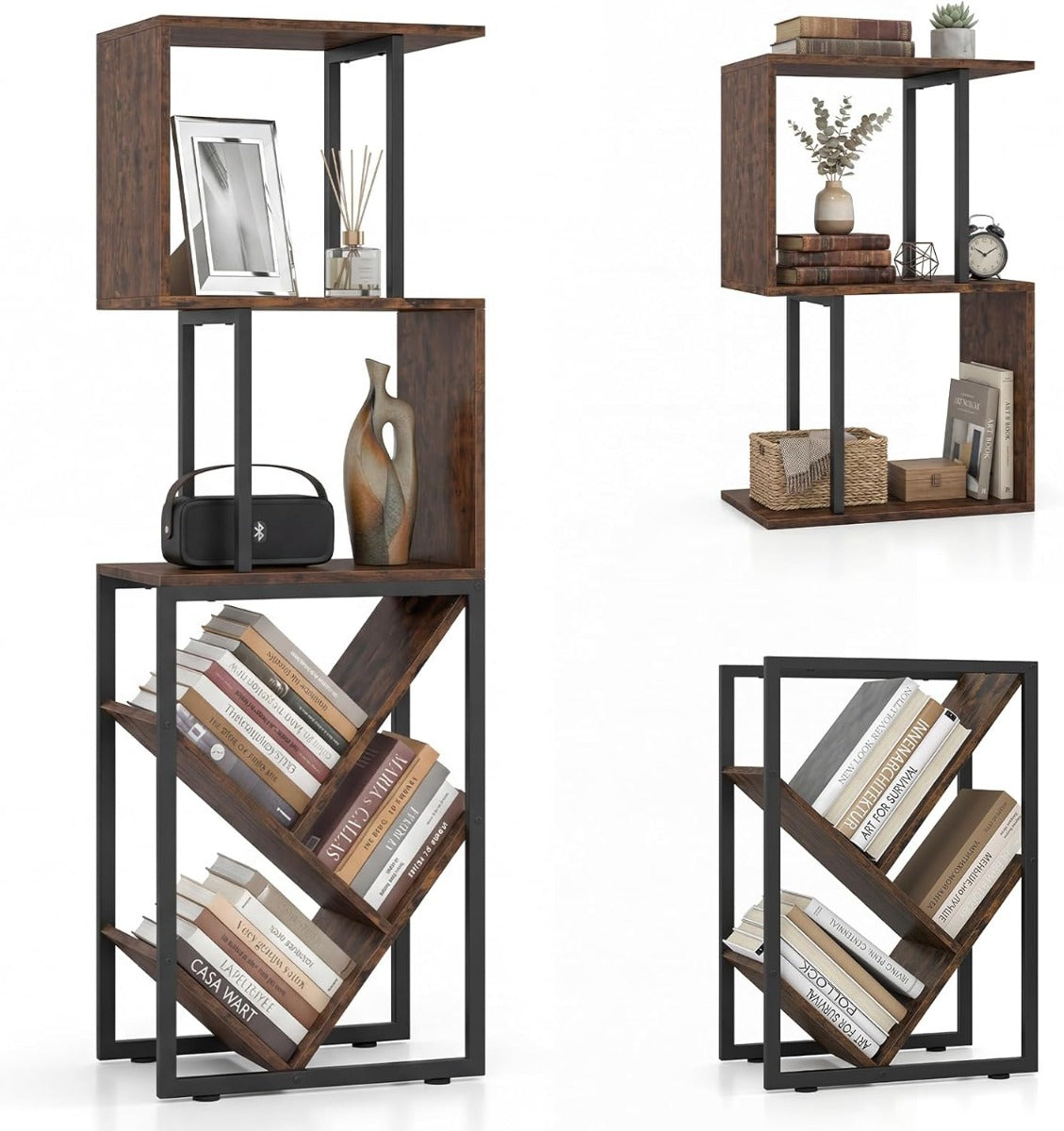 Livsk costway zesdelige stellingkast met geometrisch ontwerp voorzien van zes open display en opbergplanken metalen frame
