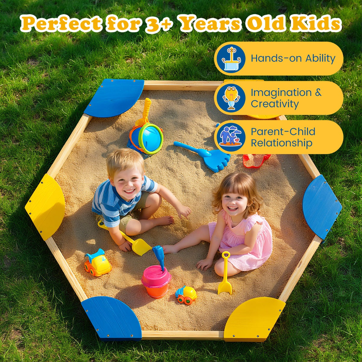 Livsk costway zeshoekige houten zandbak open zandbak met plantenbakcombinatie voor kinderen 140 x 122 x 14 cm 4