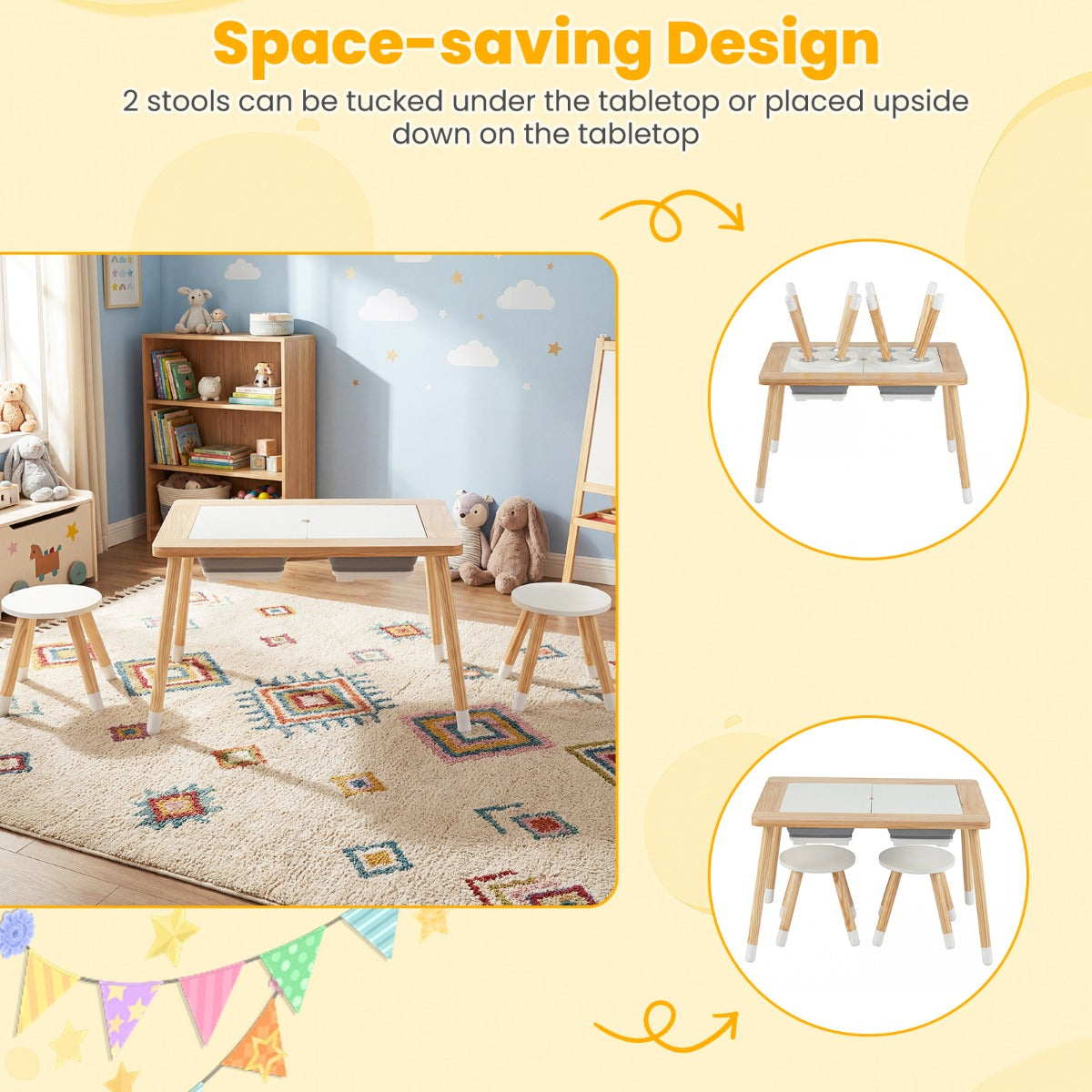 Livsk costway zintuiglijke en speeltafel met 2 krukjes kindertafel en stoelset met afneembare dubbelzijdige tafelbladen en 2 bakken model 1