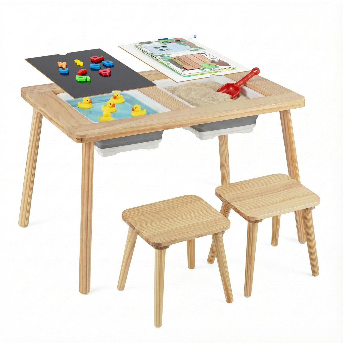 Livsk costway zintuiglijke en speeltafel met 2 krukjes kindertafel en stoelset met afneembare dubbelzijdige tafelbladen en 2 bakken model