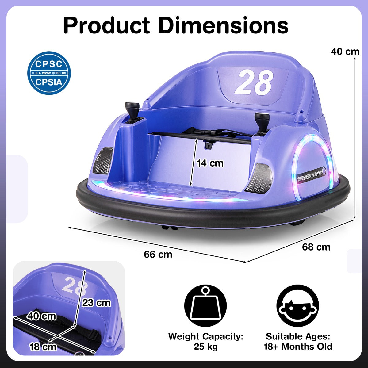 LIVSK Elektrische Bumperauto voor Peuters - 360° Draaiend - Afstandsbediening - Muziek en Lichteffecten - Tot 25 kg - Paars