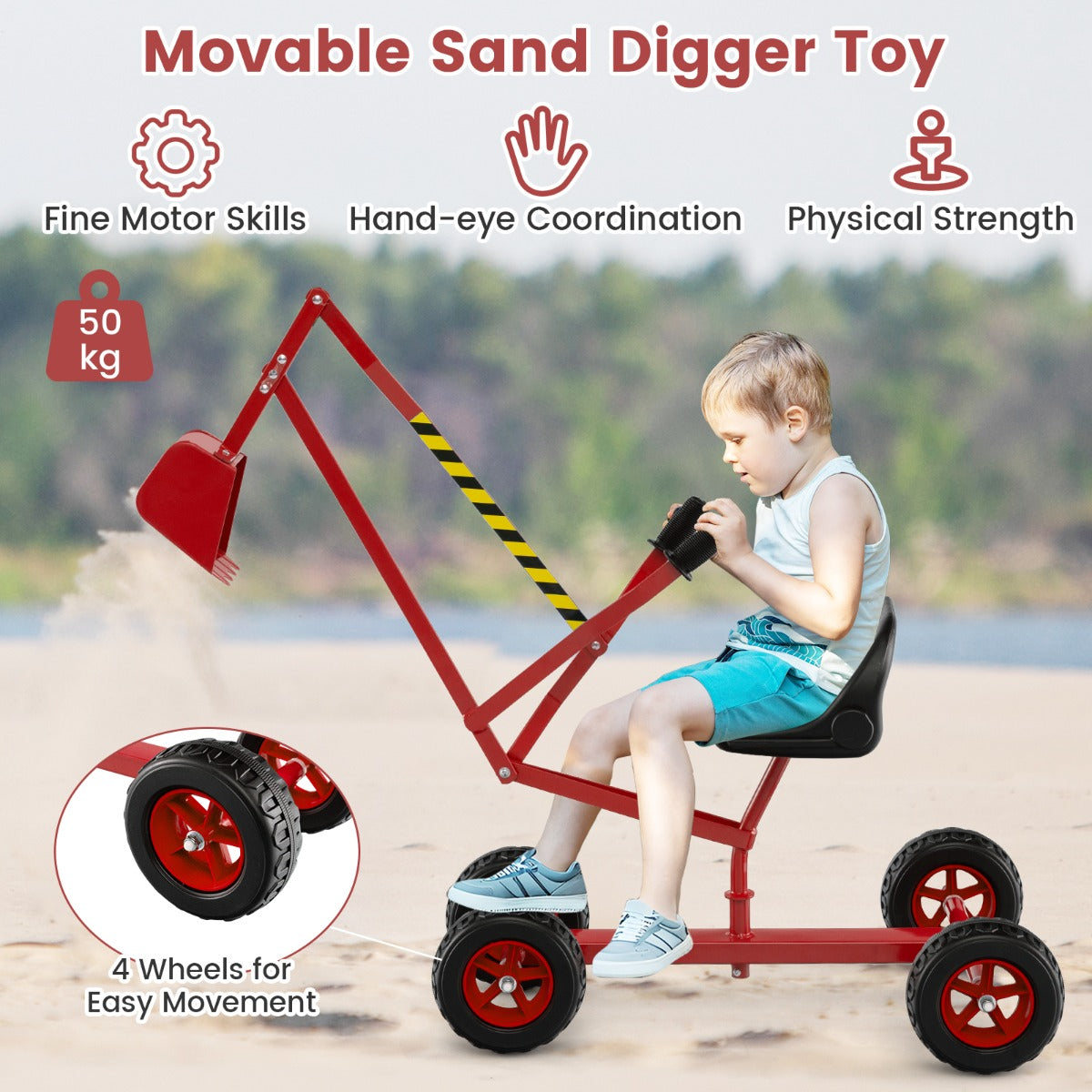 LIVSK Zitbagger - 360° Draaibaar - 2-handbediening - Robuust Metaal - Voor Kinderen - 122 x 40 x 66 cm - Rood