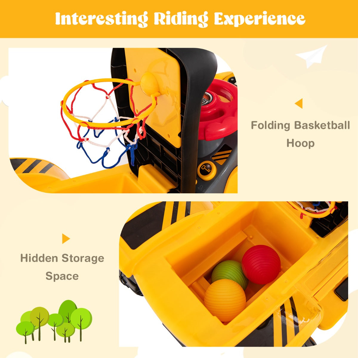 Livsk costway zitgraafmachine elektrische kindergraafmachine met verborgen opbergruimte en basketbalkorf 4 geluidstoetsen en 3 ballen geel 3