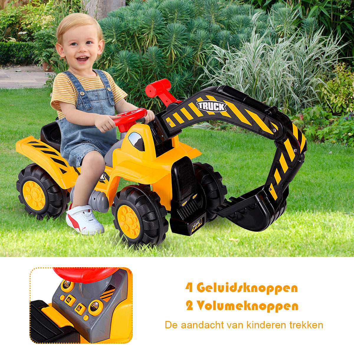 LIVSK Rijdende Graafmachine voor Kinderen - Voor- en Achteruitrijfunctie - Opbergruimte - Schokbestendige Banden - 89 x 44,5 x