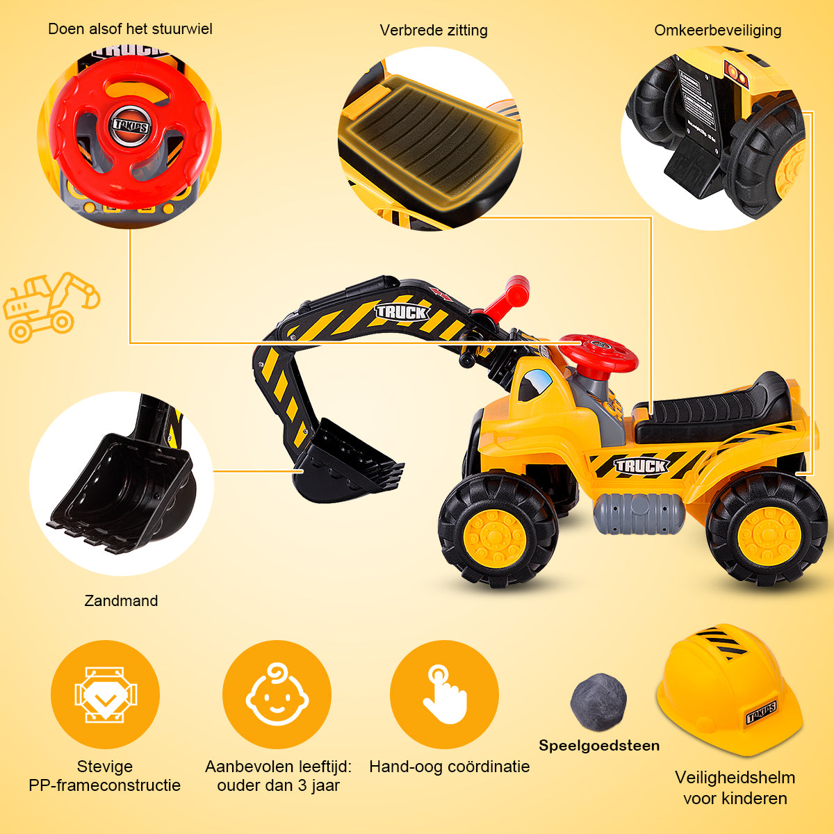 LIVSK Rijdende Graafmachine voor Kinderen - Voor- en Achteruitrijfunctie - Opbergruimte - Schokbestendige Banden - 89 x 44,5 x