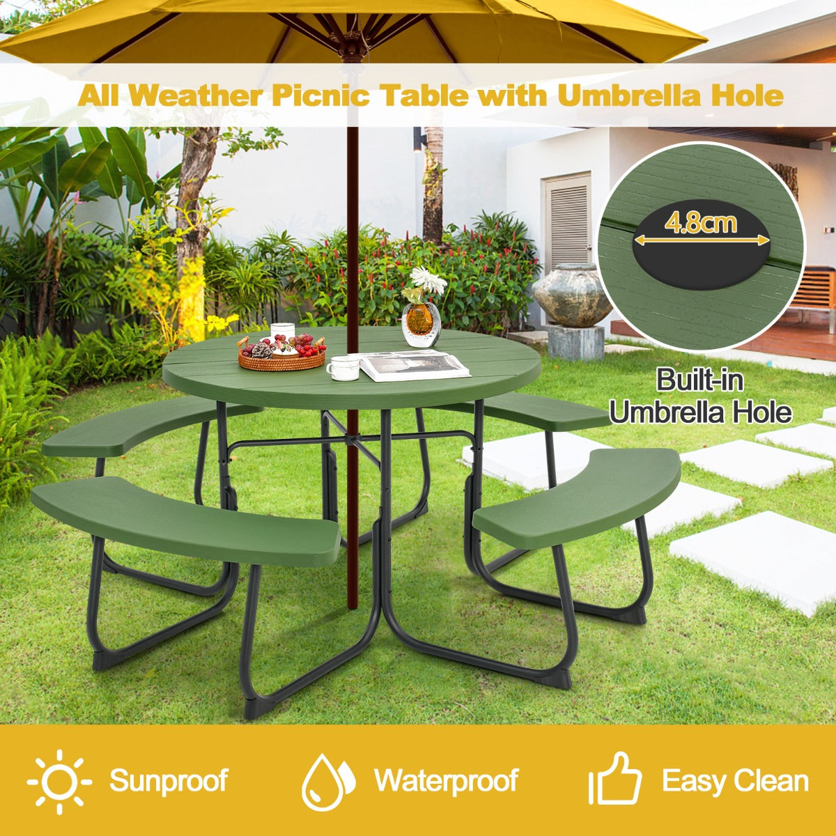 LIVSK Weerbestendige Picknicktafelset voor 8 Personen - HDPE - Gepoedercoat Metaal - Parasolgat - 190 x 76 cm - Groen