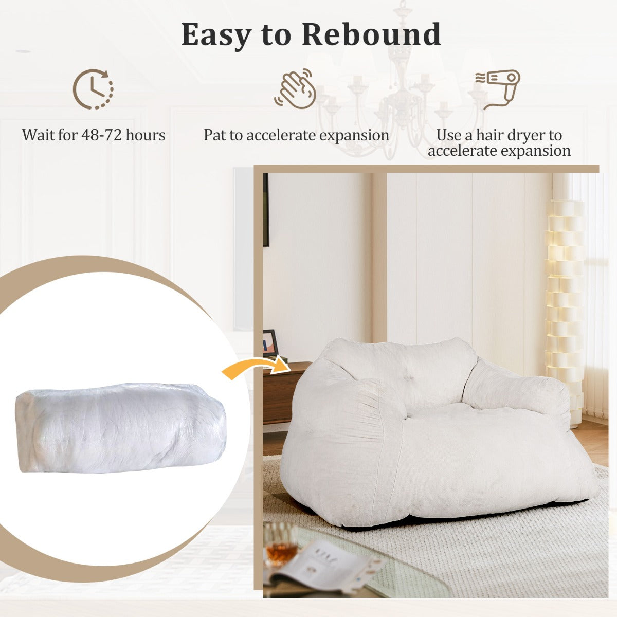 LIVSK Zitzak met Fluwelen Bekleding - Ergonomisch en Antislip - Geen Montage Nodig - 124 x 110 x 68 cm - Beige