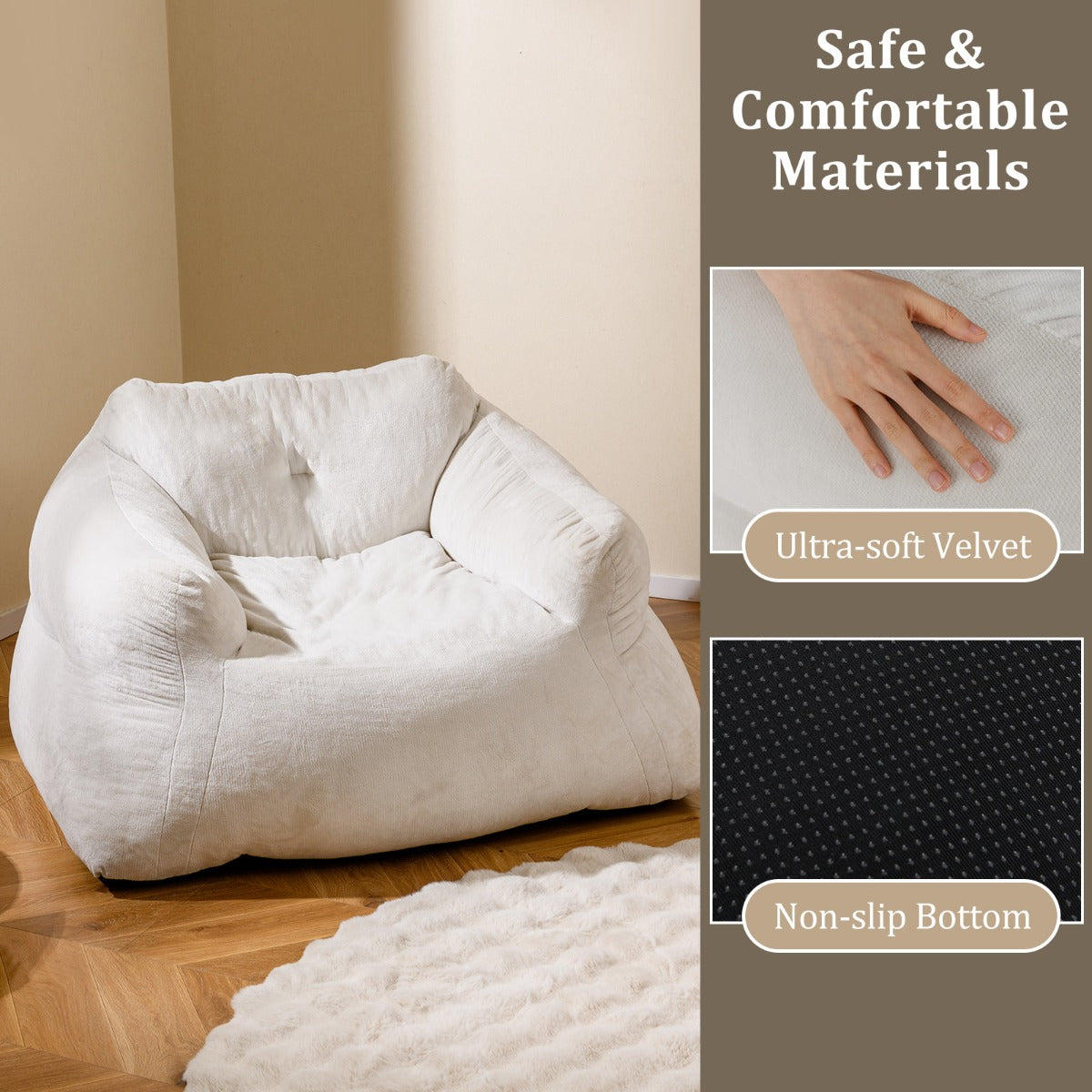 LIVSK Zitzak met Fluwelen Bekleding - Ergonomisch en Antislip - Geen Montage Nodig - 124 x 110 x 68 cm - Beige