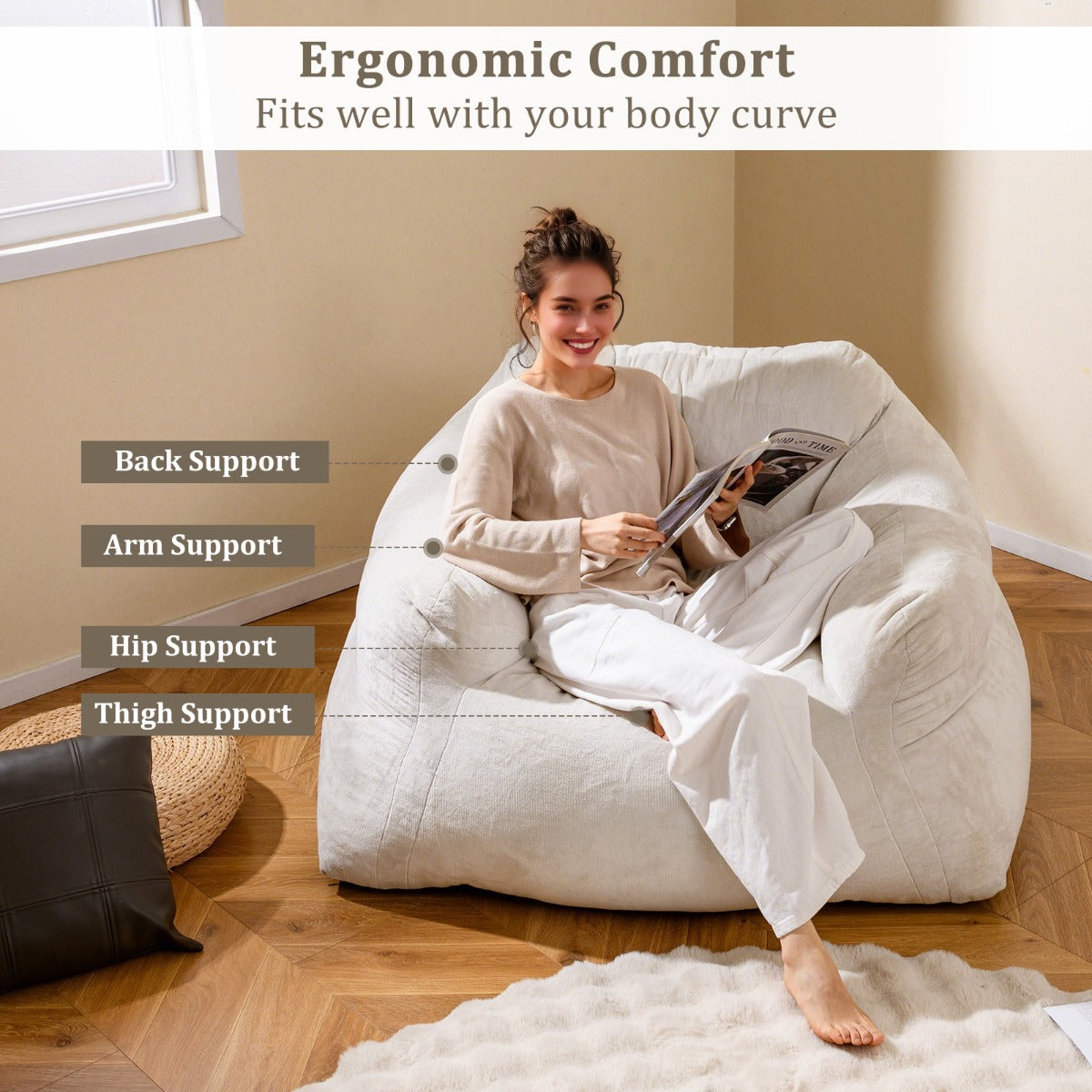 LIVSK Zitzak met Fluwelen Bekleding - Ergonomisch en Antislip - Geen Montage Nodig - 124 x 110 x 68 cm - Beige