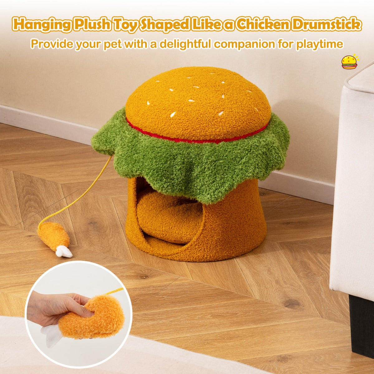 LIVSK Hamburger - vormig Kattenbed - Ultra - zacht Kussen - Hangend Speelgoed - Teddy - fleece en Polyester - Voor Katten tot 10