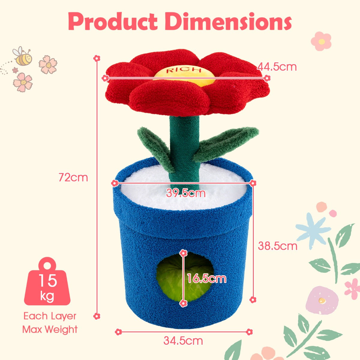 LIVSK Kattenboom met Bloempot-thema - Gevoerde Lounge - Krabpaal - Geluidseffecten - Eenvoudige Montage - 39,5 x 39,5 x 72 cm -