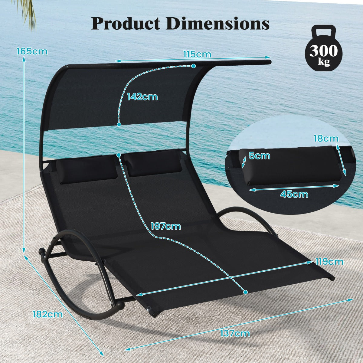 LIVSK 2-zits dubbele schommel-ligstoel - Ergonomisch design - Ruime zitting - Antislipbasis - Tot 300 kg - 182 x 137 x 165 cm -